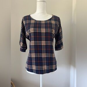 West Kei Navy Blue Plaid Short Sleeve Blouse Ties in Back Size XS Fall Autumn